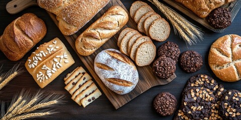 Poster - A variety of freshly baked breads with ears of wheat and chocolate red cookies on a dark wooden table. Top view.