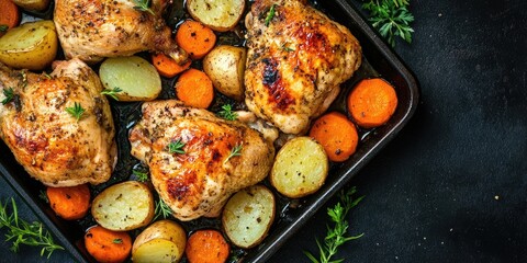 Aufkleber - Top view of cooked chicken, along with cooked carrots and potatoes.