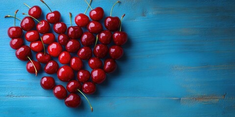 Poster - Heart shaped from cherries. Blue backdrop. Close-up.