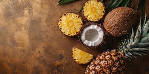 Aufkleber - Tropical fruits, including coconuts and pineapple, are arranged on a craft brown background. This creates a minimalistic summer composition. Top view. Copy space.