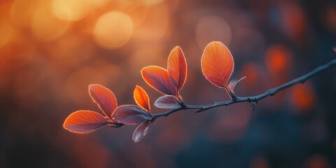 Aufkleber - New leaves emerging from a branch, set against a strongly blurred background.