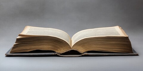 Poster - Close-up of an open book with copyspace on a gray background. Literature, reading, writing, leisure activities, and books.