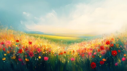 Aufkleber - A vibrant landscape painting featuring colorful flowers in a lush field under a bright sky, evoking a serene and cheerful atmosphere.