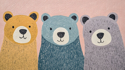 Matisse-inspired close-up of three bears, muted colors, textured paper, playful and abstract design, showcasing bold shapes and simplicity