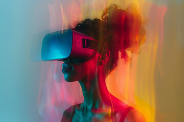 Poster - Fashion model person wearing futuristic shiny glamorous VR goggles watching cyberpunk video, Generative AI