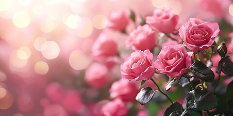 Fototapete - Border of pink rose flowers on a pink bokeh background featuring happy Valentine's Day greetings.