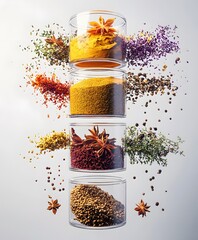 Colorful Spices and Herbs in Floating Glass Jars