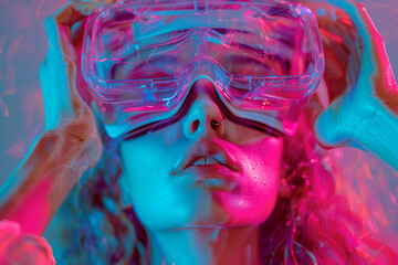 Poster - Fashion model person wearing futuristic shiny glamorous VR goggles watching cyberpunk video, Generative AI