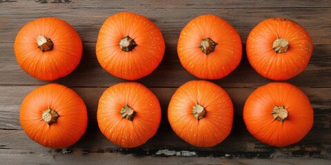 Poster - Orange pumpkins on a wooden background, flat lay arrangement with room for text. Fall celebrations.