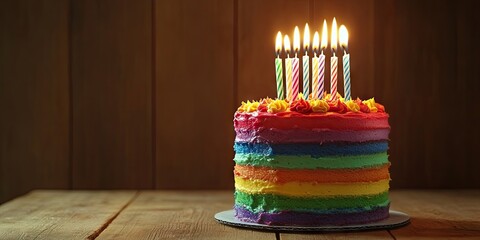 Poster - A rainbow birthday cake with candles lit, ready to be blown out.