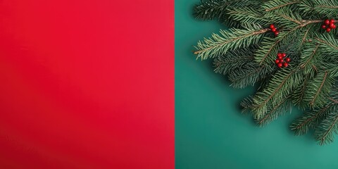 Fototapete - Christmas tree branch against a red and green background. Top view, flat lay. Copy space for text. Xmas arrangement.