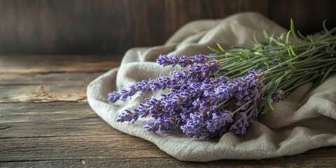 Poster - A bundle of lavender flowers resting on a cloth on a wooden surface with copy space. A bundle of lavender flowers resting on a cloth on a wooden surface with copy space.