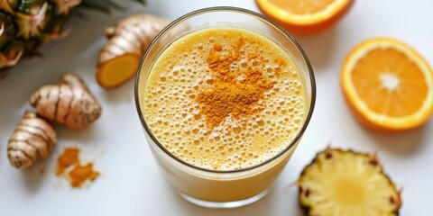 Aufkleber - Immune-boosting, anti-inflammatory smoothie with orange, pineapple, and turmeric, set against a white background. Detox morning juice for clean eating.