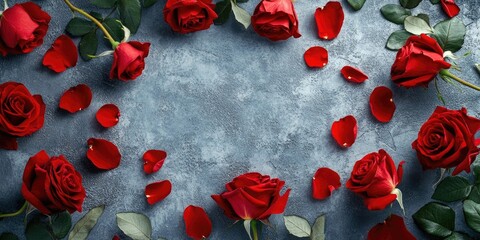Poster - Red rose flowers, petals, and leaves arranged in a circular frame on a gray textured background. Flat lay, top view.
