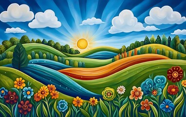 Aufkleber - A vibrant, colorful landscape showcasing rolling hills, blooming flowers, a bright sun, and cheerful clouds, embodying the beauty of nature.