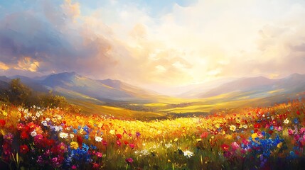 Aufkleber - A vibrant landscape filled with colorful flowers under a golden sunset, showcasing the beauty of nature and serene mountain vistas in the background.