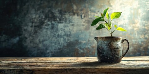 Aufkleber - Plant in a coffee pot cup on a wooden table with a vintage background.