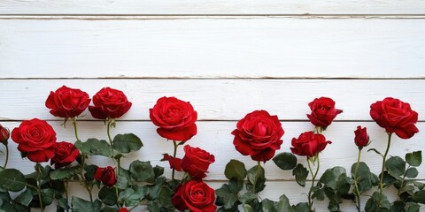 Aufkleber - red roses on a background of white wooden planks