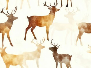 Poster - Delicate watercolor reindeer silhouettes in soft muted brown and beige tones against a minimalist white background creating a gentle festive and seamless design with a serene peaceful atmosphere