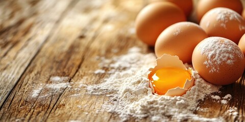 Poster - Eggs, flour, and sugar on a wooden table with copy space and selective focus.