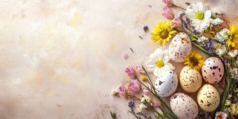 Aufkleber - Easter greeting card featuring fresh flowers and eggs, happy easter, copyspace.