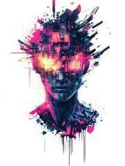 Poster - Chaotic fragmented entity with glitchy effects surrounded by digital graffiti and corrupted code in a striking futuristic and experimental glitchpunk design style  Isolated on a white background
