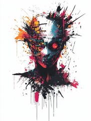 Poster - Chaotic Entity with Fragmented Code and Glitchy Digital Graffiti Design   A surreal futuristic and experimental featuring a chaotic AI inspired figure surrounded by glitchy effects digital graffiti