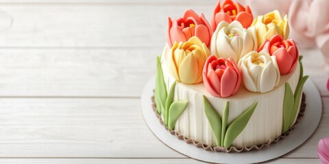 Wall Mural - Homemade decorated beautiful tulip cakes on a white wooden table with copy space. This represents the idea of homemade desserts for holidays, birthdays, Valentine's Day, and weddings.