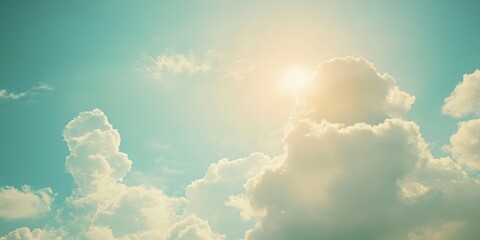 Aufkleber - Fluffy clouds under the sun in the sky, softly blurred. A serene clouds backdrop on a summer day. Represents freedom, relaxation, and ecology. Copyspace. Vacant area for a message.