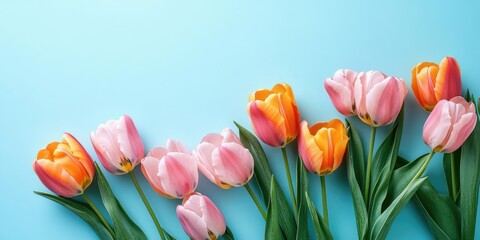 Aufkleber - Pink and orange tulips on a light blue backdrop. Mother's Day, Valentine's Day, birthday celebration theme. Banner, copyspace for text.