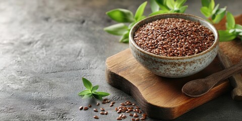 Poster - Healthy food concept: Organic flax seeds in a ceramic bowl on a wooden board with copyspace.