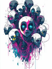 Poster - Surreal digital depicting a collective of rogue beings with glitching distorted faces tangled in a chaotic web of neon graffiti like wires evoking a cyberpunk futuristic and visionary aesthetic