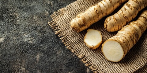 Poster - Image of horseradish root with a slice placed on burlap, accompanied by white space.