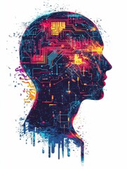Poster - Digital mind with fragmented glitch effects  graffiti overlays  and interconnected circuits in a chaotic style  isolated on a white background  This abstract