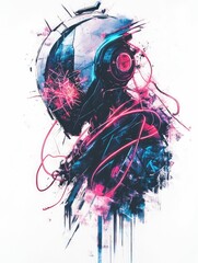 Poster - Futuristic t shirt design featuring a rogue with fragmented glitch effects interconnected by neon wires and chaotic digital graffiti in a striking style isolated on a white background