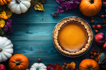 Poster - Autumn thanksgiving moody background with pumpkin pie, different pumpkins, fall fruit and flowers on green rustic wooden table. Flat lay