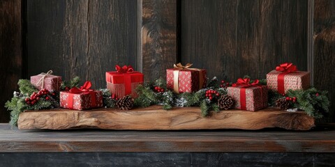 Aufkleber - Christmas decor featuring gifts on a wooden board.