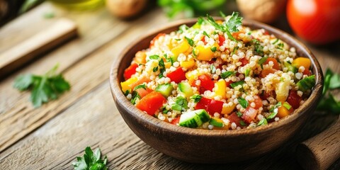Aufkleber - Vegetarian salad with bulgur grain and vegetables on the restaurant table. Table salad. Copy space.