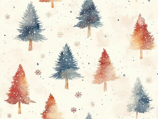Poster - Delicate watercolor Christmas trees with subtle snowflakes on a soft pastel background  creating a minimal  light  and serene design in a seamless pattern  This seasonal  festive