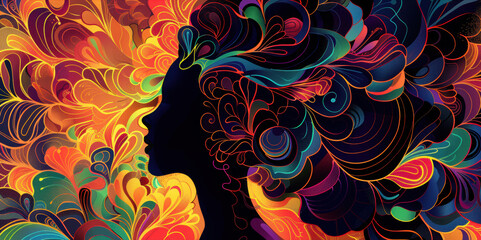 Aufkleber - Colorful abstract digital illustration of a woman s profile with swirling patterns. Creative expression, vibrant art, and modern psychedelic design