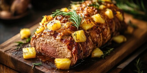 Poster - Delicious pork roast topped with cheese and pineapple. Copy space