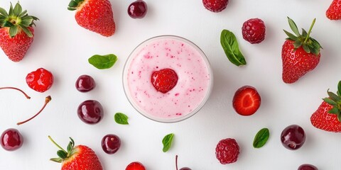 Poster - Flat lay of delightful desserts featuring strawberries and sweet cherry smoothies, curd, and yogurt on a white background. Top view.
