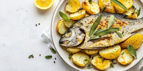 Poster - Delicious lunch spread - dorado fish baked with potatoes, lemon, and sage on a light backdrop, top view.