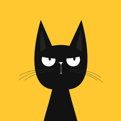 Wall Mural - Cute cat. Sad angry face head. Funny kitten. Black silhouette icon. Long ears. Kawaii pet animal. Happy Halloween. Cartoon funny character. Childish style. Flat design Yellow background. Vector