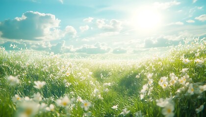 Poster - A bright, sunlit landscape filled with blooming flowers under a clear sky, evoking a sense of peace and natural beauty.