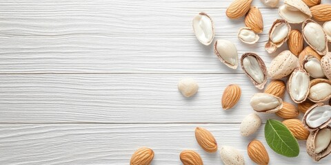 Poster - Almonds and their shells on a white wooden table