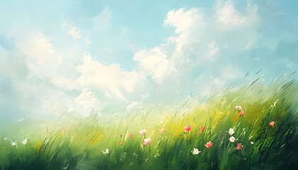 Aufkleber - A serene landscape of lush green grass adorned with colorful flowers under a bright blue sky filled with soft, fluffy clouds.
