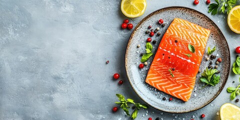 Poster - Raw salmon piece, seafood dish, fresh ingredients on the table, delicious serving size portion, top view, copy space for text, food background, rustic, suitable for keto or paleo diet, pescetarian.
