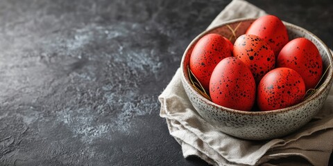 Aufkleber - Red-painted eggs for Easter arranged in a lovely ceramic bowl atop a napkin. Easter banner with copyspace.