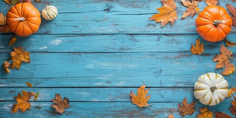 Poster - Distressed blue wooden background featuring pumpkins and leaves, with area for text overlay.